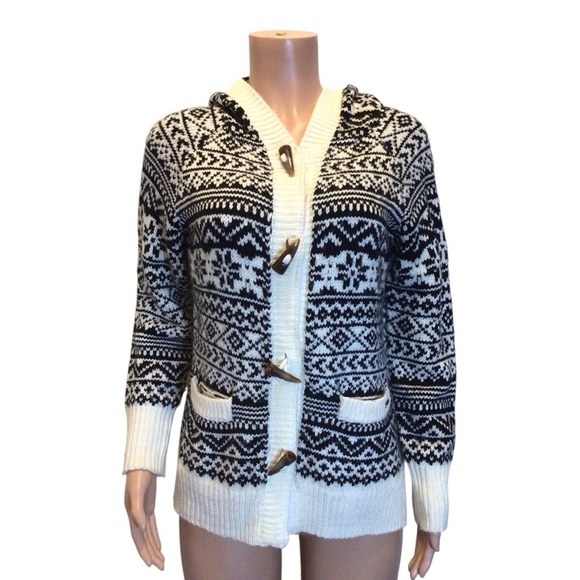 Avalanche Womens Size M Black White Fair Isle Hooded Toggle Cardigan Sweater - Picture 4 of 9